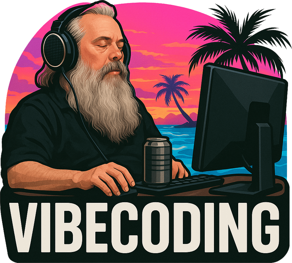 Illustratie van een enthousiaste maker met koptelefoon achter zijn computer, met de tekst Vibecoding